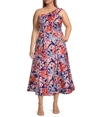 Marina Plus Size One Shoulder Floral Stretch Taffeta Dress