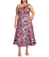 Marina Plus Size One Shoulder Floral Stretch Taffeta Dress