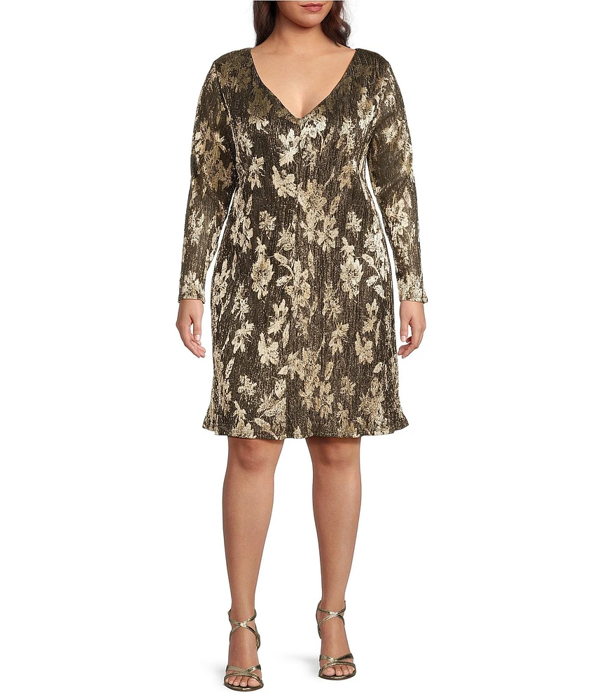 Marina Plus Size Round Neck Long Sleeve Printed Metallic Dress