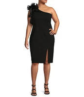 Marina Plus Size Ruffle One Shoulder Sleeveless Scuba Crepe Sheath Dress