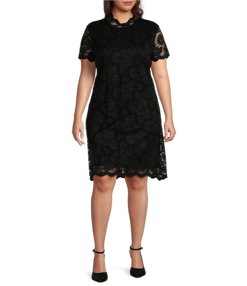 Marina Plus Size Scalloped Lace Mock Neck Short Sleeve Sheath Dress