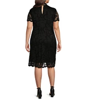 Marina Plus Size Scalloped Lace Mock Neck Short Sleeve Sheath Dress