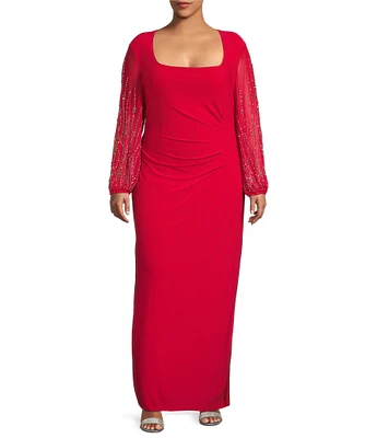 Marina Plus Size Scoop Neck Power Mesh Beaded Sleeve Sheath Dress