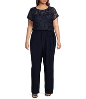 Marina Plus Size Short Sleeve Crew Neck Tie Waist Jumpsuit