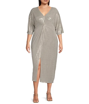 Marina Plus Size Short Sleeve Ribbed Knot Long Foil Midi Dress
