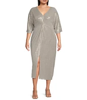 Marina Plus Size Short Sleeve Ribbed Knot Long Foil Midi Dress