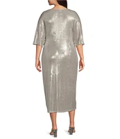 Marina Plus Size Short Sleeve Ribbed Knot Long Foil Midi Dress