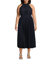Marina Plus Size Sleeveless Halter Mock Neck Smocked Pleated Crepe Chiffon A-Line Maxi Dress