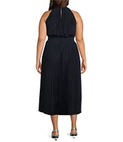 Marina Plus Size Sleeveless Halter Mock Neck Smocked Pleated Crepe Chiffon A-Line Maxi Dress