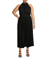 Marina Plus Size Sleeveless Halter Mock Neck Smocked Pleated Crepe Chiffon A-Line Maxi Dress
