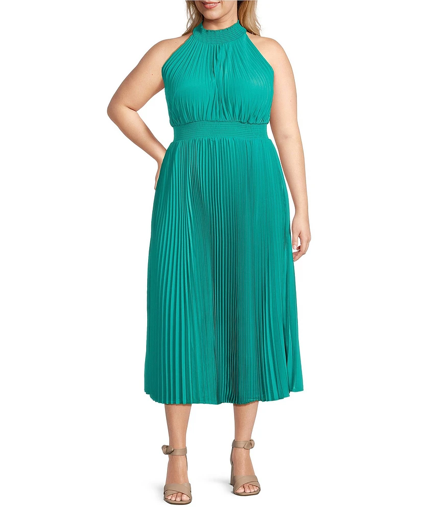 Marina Plus Size Sleeveless Halter Mock Neck Smocked Pleated Crepe Chiffon A-Line Maxi Dress