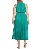 Marina Plus Size Sleeveless Halter Mock Neck Smocked Pleated Crepe Chiffon A-Line Maxi Dress