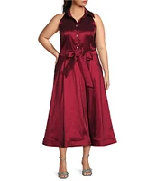 Marina Plus Size Stretch Taffeta Point Collar Sleeveless Button Front A-Line Midi Dress