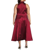 Marina Plus Size Stretch Taffeta Point Collar Sleeveless Button Front A-Line Midi Dress