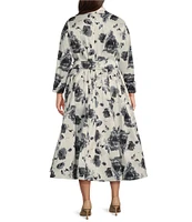 Marina Plus Size Taffeta Collared V-Neck Long Sleeve Button Front Tie Sash Fit-and-Flare Midi Dress