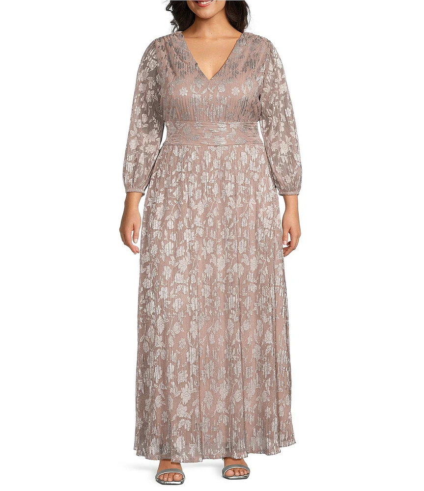 Marina Plus Size V-Neck 3/4 Sleeve Ruched Waist Metallic A-Line Dress