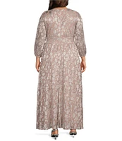 Marina Plus Size V-Neck 3/4 Sleeve Ruched Waist Metallic A-Line Dress