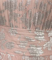 Marina Plus Size V-Neck 3/4 Sleeve Ruched Waist Metallic A-Line Dress