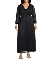 Marina Plus Size V Neck 3/4 Sleeve Smock Waist Mini Pleat Metallic Dress