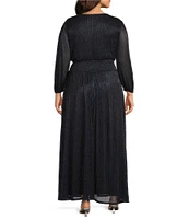 Marina Plus Size V Neck 3/4 Sleeve Smock Waist Mini Pleat Metallic Dress