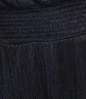 Marina Plus Size V Neck 3/4 Sleeve Smock Waist Mini Pleat Metallic Dress
