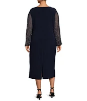 Marina Plus Size V-Neck Long Beaded Sleeve Side Ruched Midi Sheath Dress