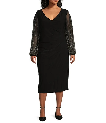 Marina Plus Size V-Neck Long Beaded Sleeve Side Ruched Midi Sheath Dress