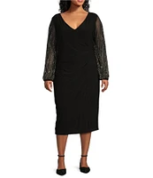 Marina Plus Size V-Neck Long Beaded Sleeve Side Ruched Midi Sheath Dress