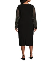 Marina Plus Size V-Neck Long Beaded Sleeve Side Ruched Midi Sheath Dress