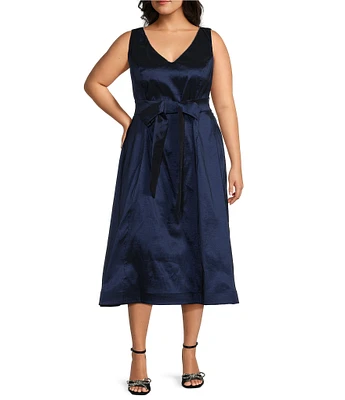 Marina Plus Size V-Neck Sleeveless Tie Sash Stretch Taffeta Midi Fit and Flare Dress