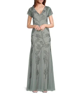 Marina Power Mesh V-Neck Cap Sleeve Soutache Vine Beading Sheath Gown