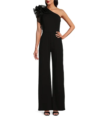 Marina Ruffle One Shoulder Sleeveless Wide Leg Scuba Crepe Jumpsuit