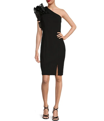 Marina Ruffled One Shoulder Sleeveless Scuba Crepe Sheath Dress