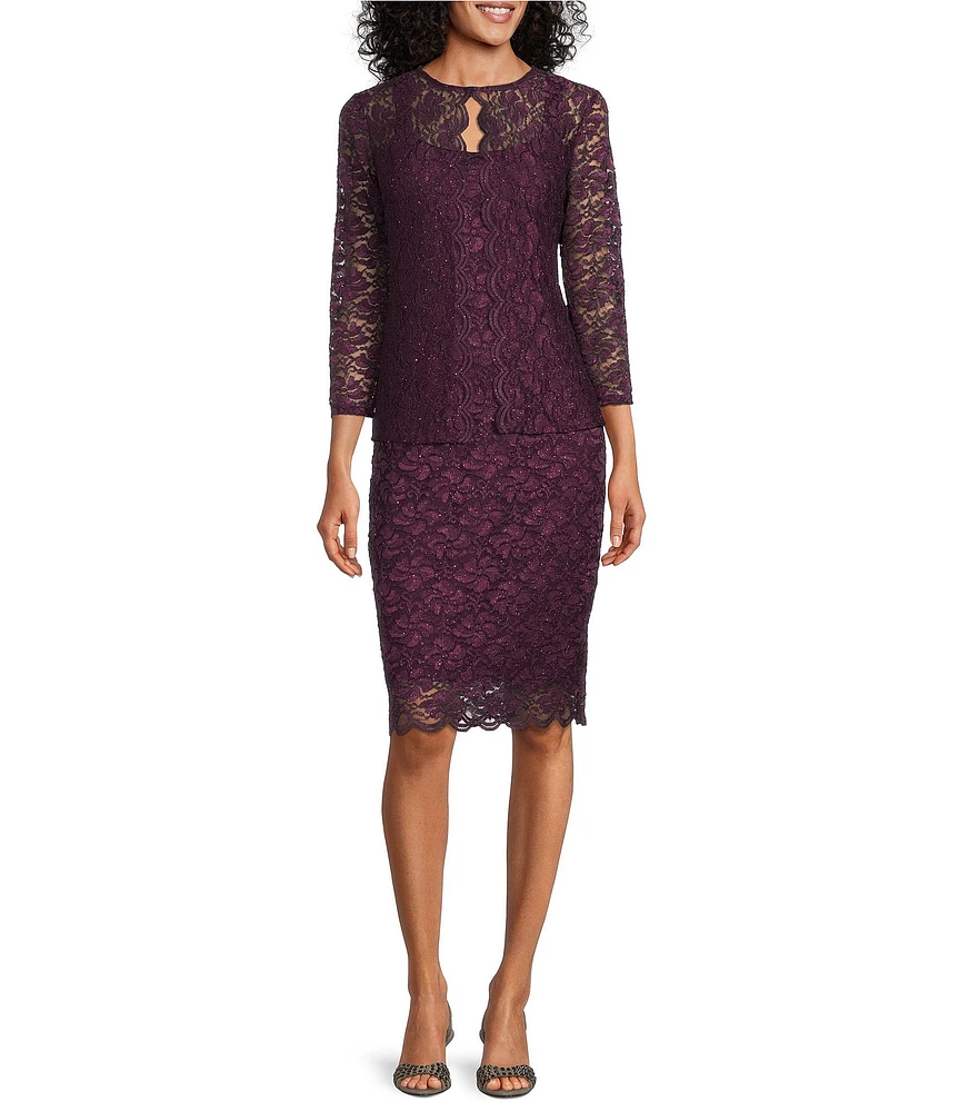 Marina Scalloped Glitter Lace Scoop Neck 3/4 Sleeve 2-Piece Jacket Dress