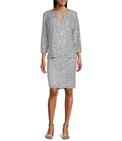 Marina Scalloped Glitter Lace Scoop Neck 3/4 Sleeve 2-Piece Jacket Dress