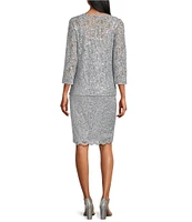 Marina Scalloped Glitter Lace Scoop Neck 3/4 Sleeve 2-Piece Jacket Dress