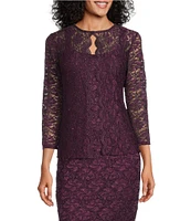 Marina Scalloped Glitter Lace Scoop Neck 3/4 Sleeve 2-Piece Jacket Dress