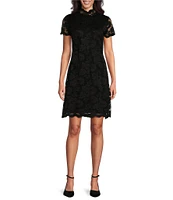 Marina Scalloped Lace Mock Neck Short Sleeve Sheath Dress