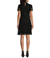 Marina Scalloped Lace Mock Neck Short Sleeve Sheath Dress