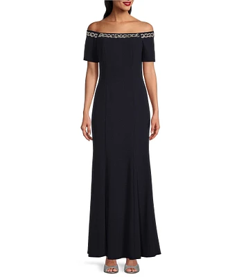 Marina Scuba Crepe Short Sleeve Off-The-Shoulder Embellished Neck Gown