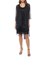 Marina Sequin Lace Scoop Neck 3/4 Sleeve Sheath Chiffon Duster 2-Piece Jacket Dress