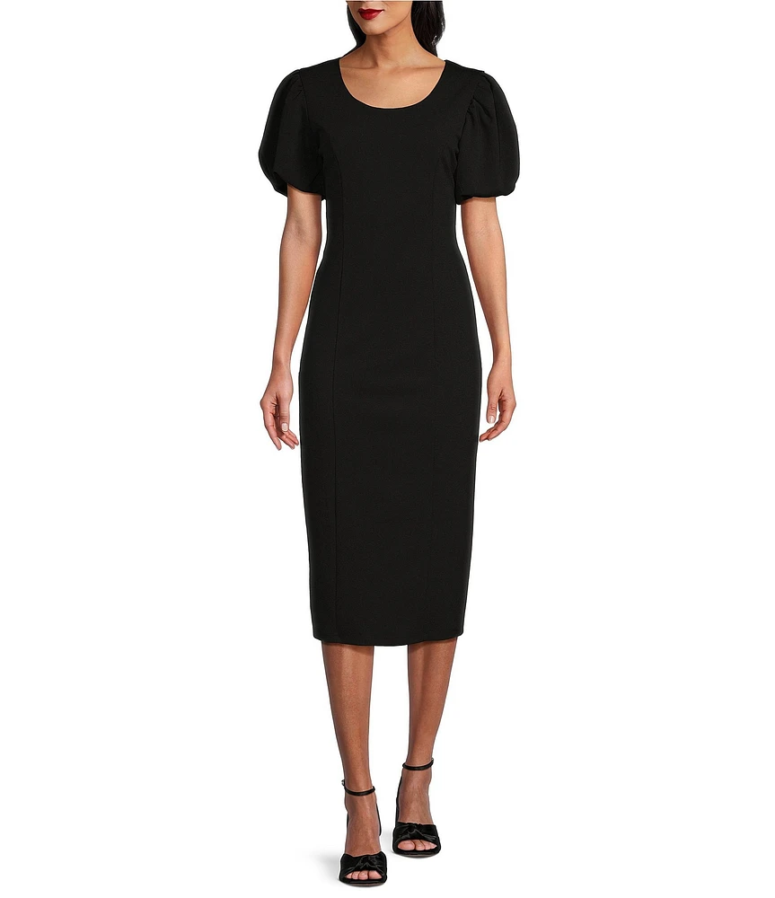 Marina Short Puffed Sleeve Scuba Crepe Midi Dress