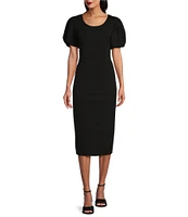 Marina Short Puffed Sleeve Scuba Crepe Midi Dress