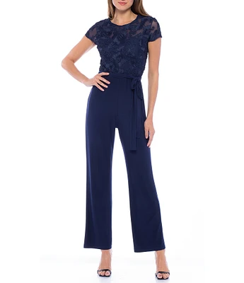 Marina Short Sleeve Crew Neck Tie Waist Jumpsuit