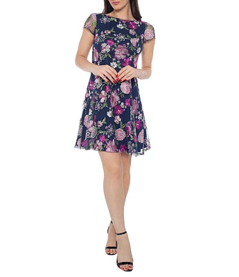 Marina Short Sleeve Embroidered Floral Fit and Flare Dress