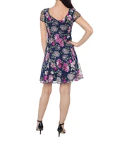 Marina Short Sleeve Embroidered Floral Fit and Flare Dress
