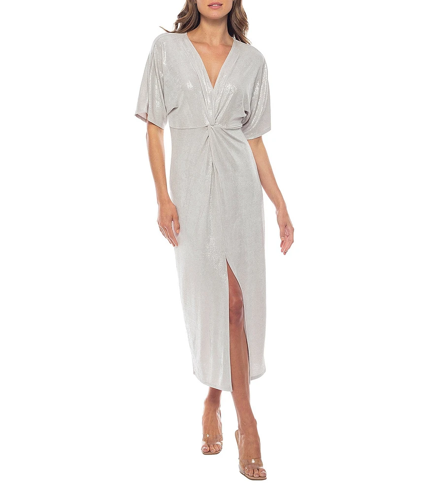 Marina Short Sleeve Ribbed Knot Long Foil Midi Dress