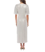 Marina Short Sleeve Ribbed Knot Long Foil Midi Dress
