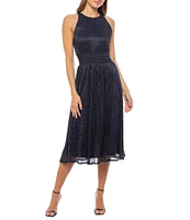 Marina Sleeveless Crew Neck Smocked Waist Metallic Midi Fit and Flare Dress