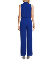 Marina Sleeveless Halter Mock Neck Rhinestone Bow Waist Chiffon Jumpsuit